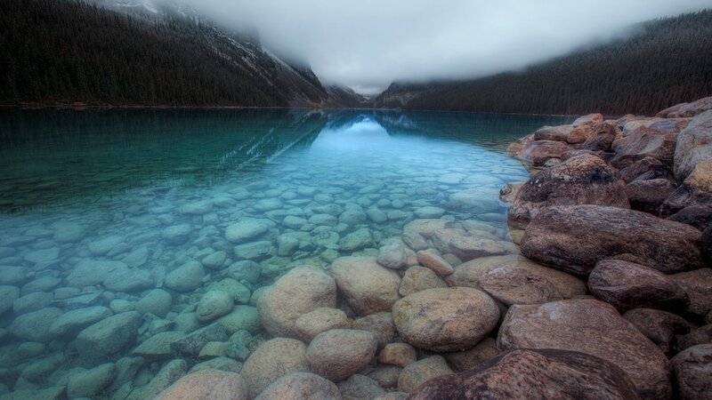 Clear Lake with Rocks — Blue, Serene, Morning