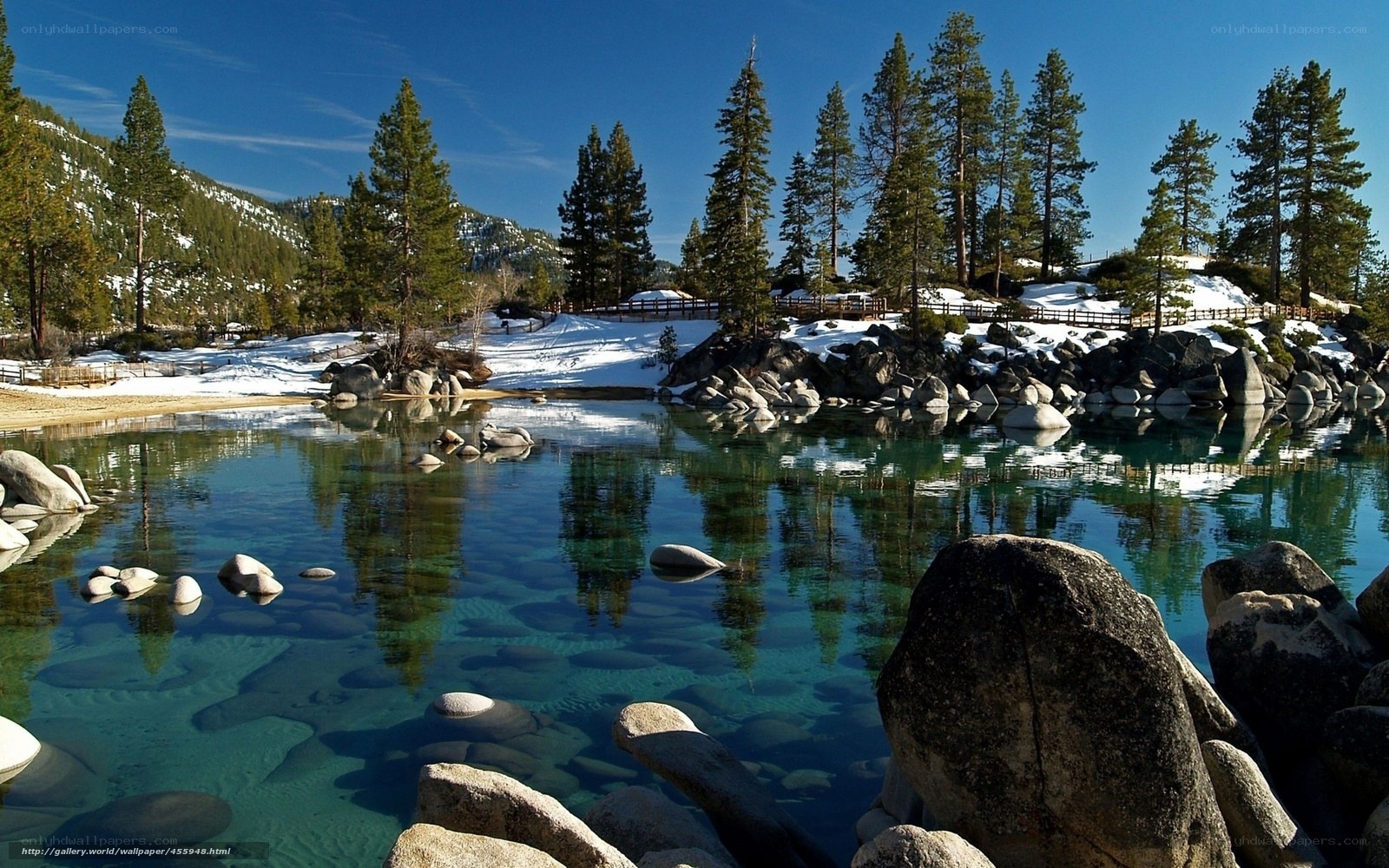 Clear lake with snow and trees