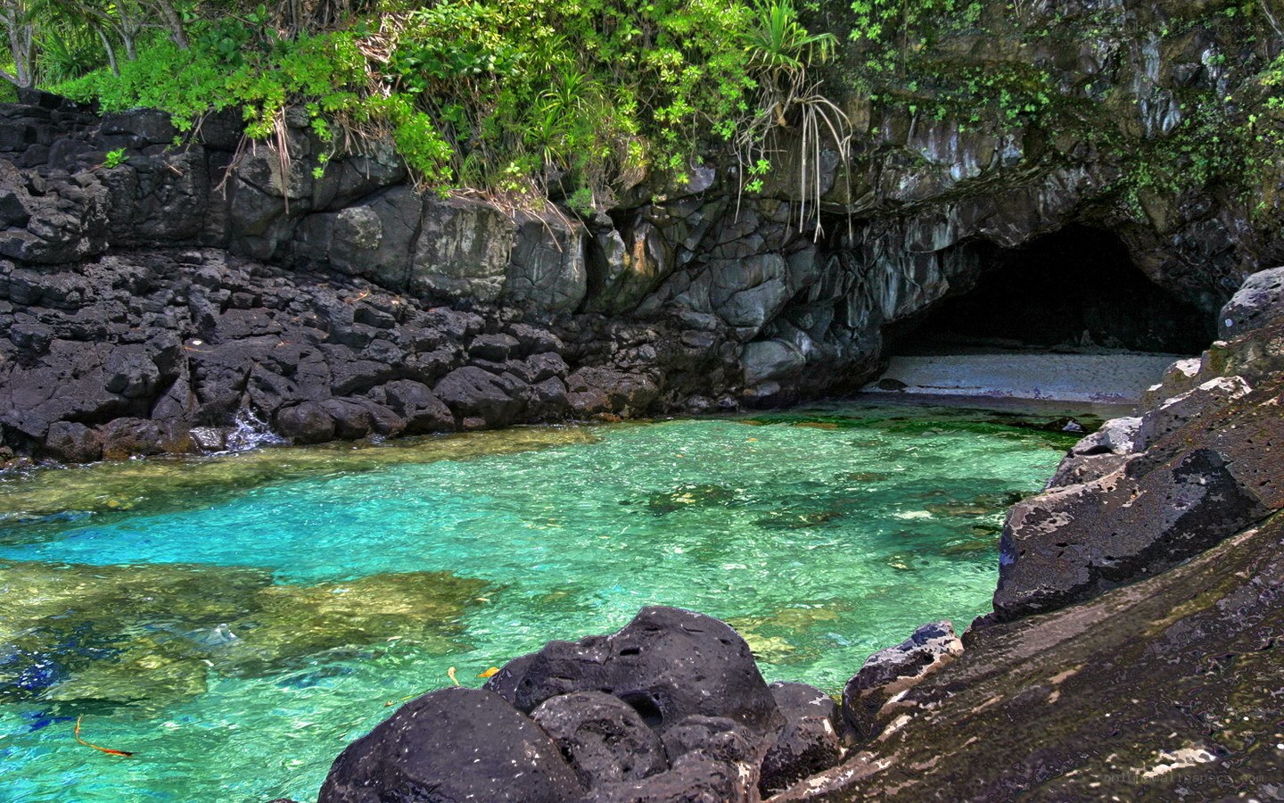 clear pool in volcanic cave