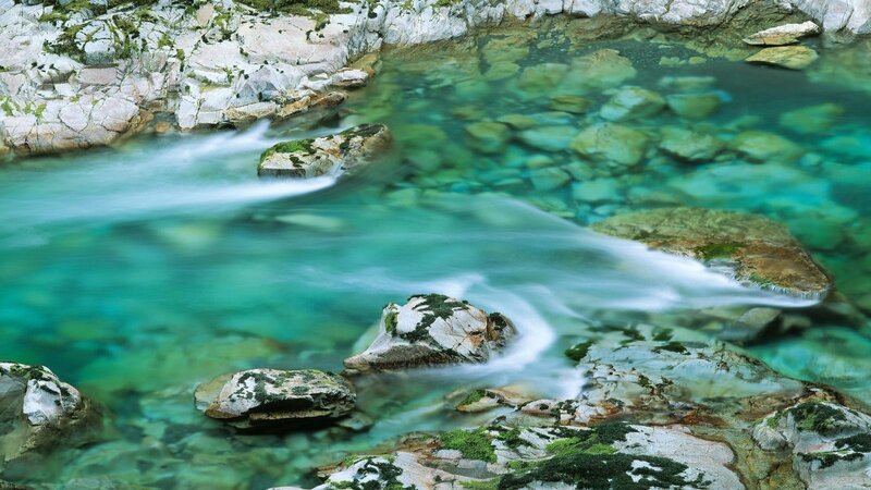 Clear River Flowing over Rocks — Green, Serene, Photograph, Moss, Blue
