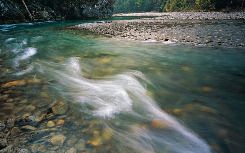 Clear River Flowing over Rocks — Green