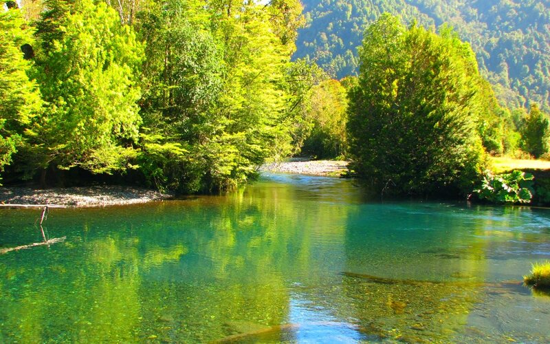 Clear River in Forest — Green, Serene, Afternoon, Photograph, Trees, Mountain