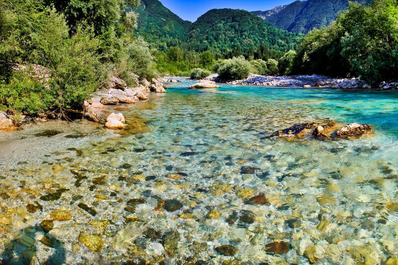 Clear River in Mountain Valley — Blue, Serene