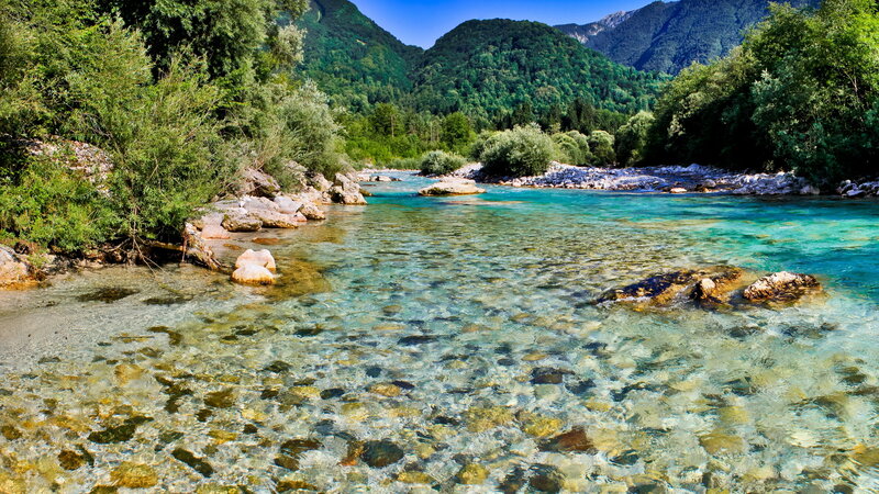Clear River in Mountain Valley — Blue