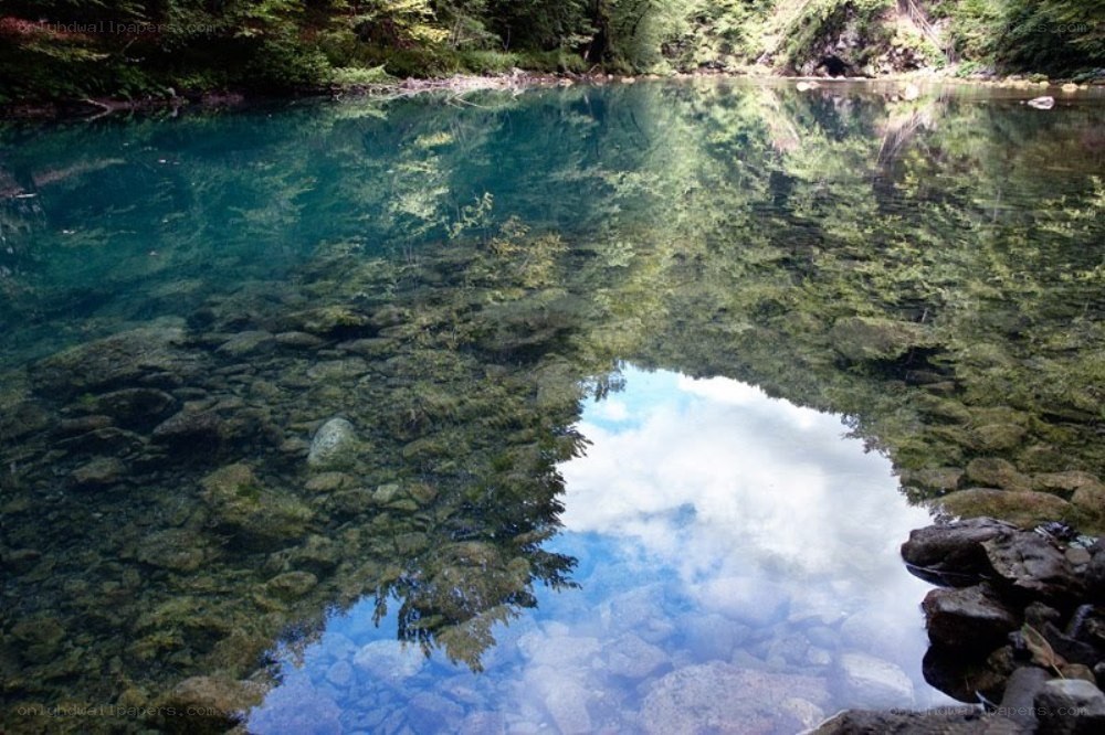 Clear river reflecting sky and trees
