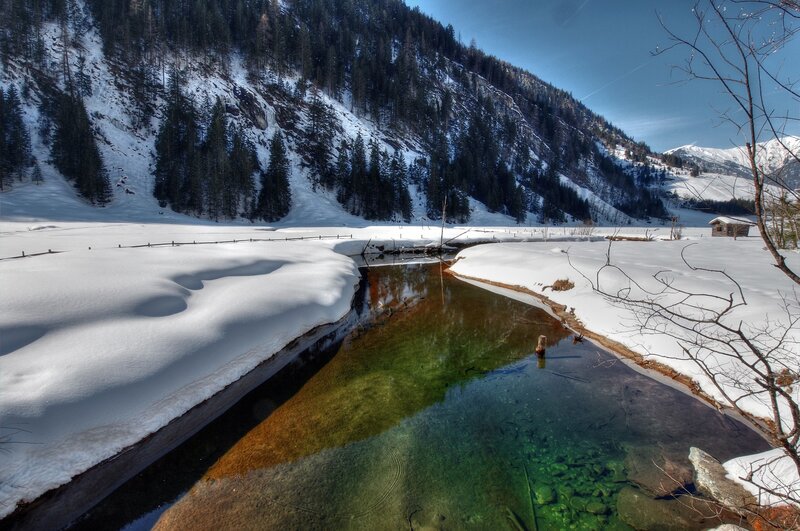 Clear Stream in Snow — White, Serene