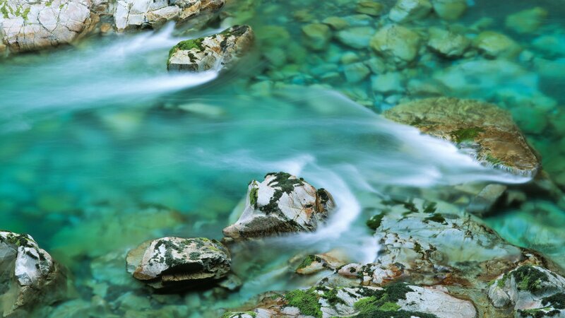 Clear Stream with Rocks — Green, Serene, Photograph, Moss, Water