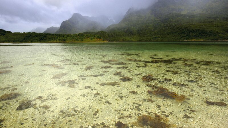 Clear water fjord with mountains