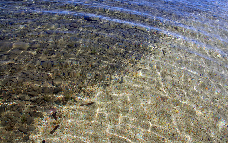 Clear Water over Pebbles — Blue, Calm, Afternoon, Photograph, Sand