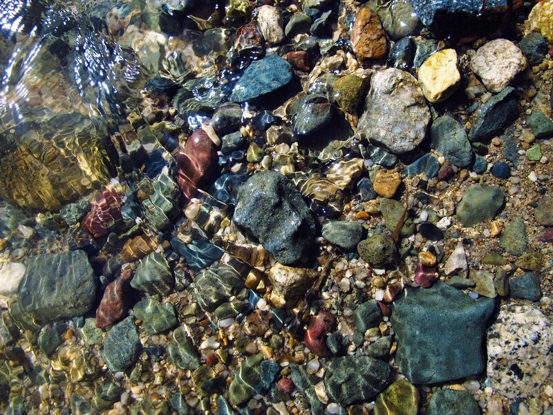 Clear Water over Pebbles — Green, Calm