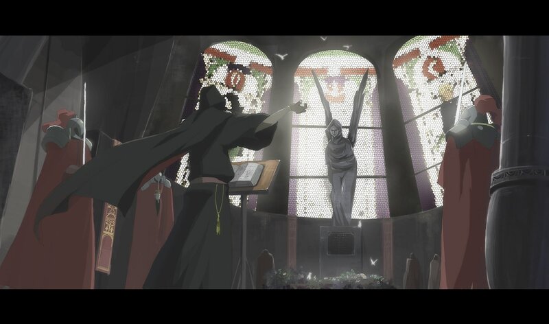 Cleric in a stained-glass chapel