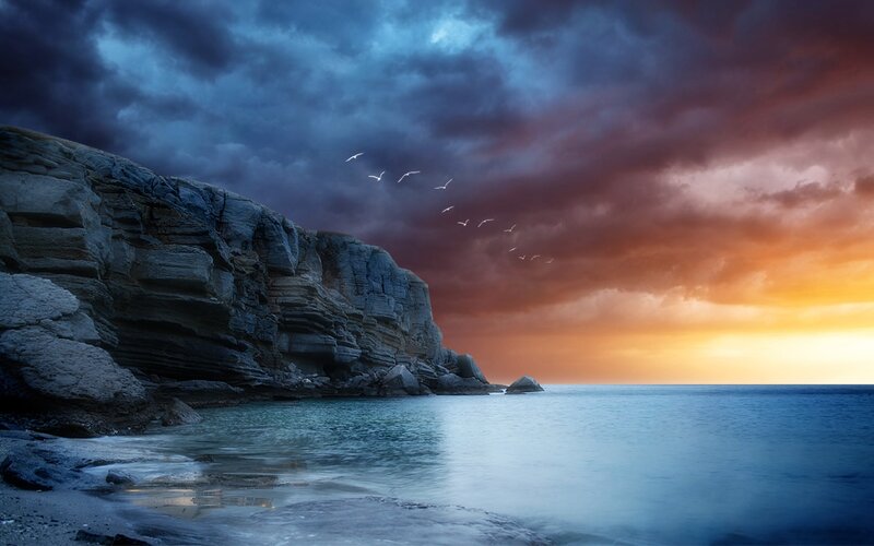 Cliff by the Sea — Blue, Dramatic, Sunset, Photograph