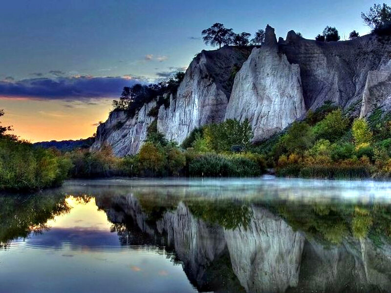 Cliff Reflected in Lake — Blue, Serene