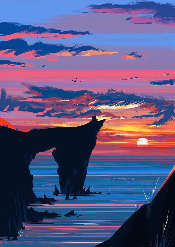 Cliff with Lighthouse — Blue, Dramatic, Sunset