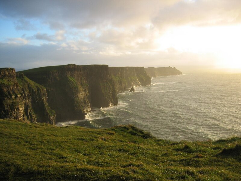 Cliffs Along Ocean Coast — Green, Dramatic, Sunset, Photograph, Sky
