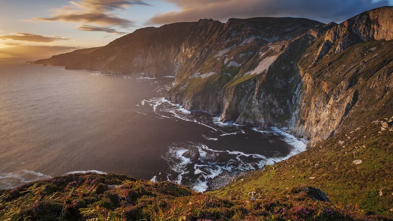 Cliffs Along Ocean Coast — Green, Dramatic, Sunset