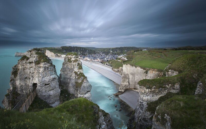 Cliffs and coastal town view