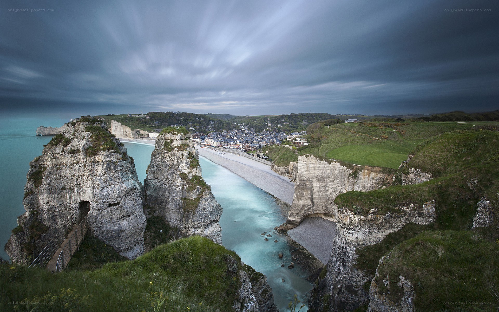 Cliffs and coastal town view