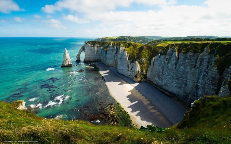 Cliffs and Sea Arch — Blue, Serene, Afternoon, Photograph, Beach, Grass, Green