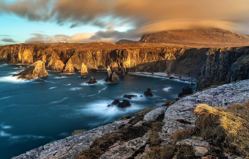 Cliffs and Sea Stacks — Blue, Dramatic, Sunset, Photograph, Ocean, Mountain