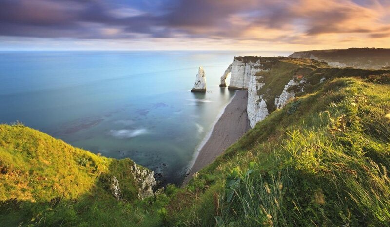 Cliffs at Étretat — Blue, Serene, Sunset, Photograph
