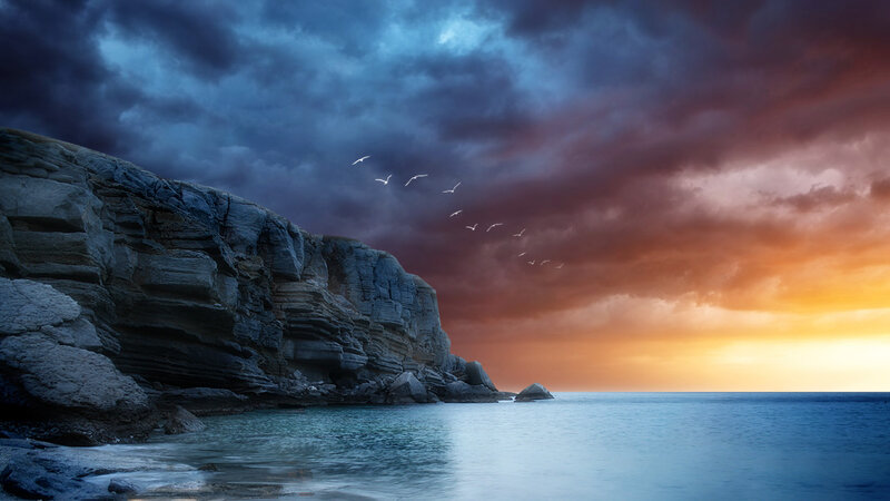 Cliffs at Sunset — Blue, Dramatic, Photograph, Birds