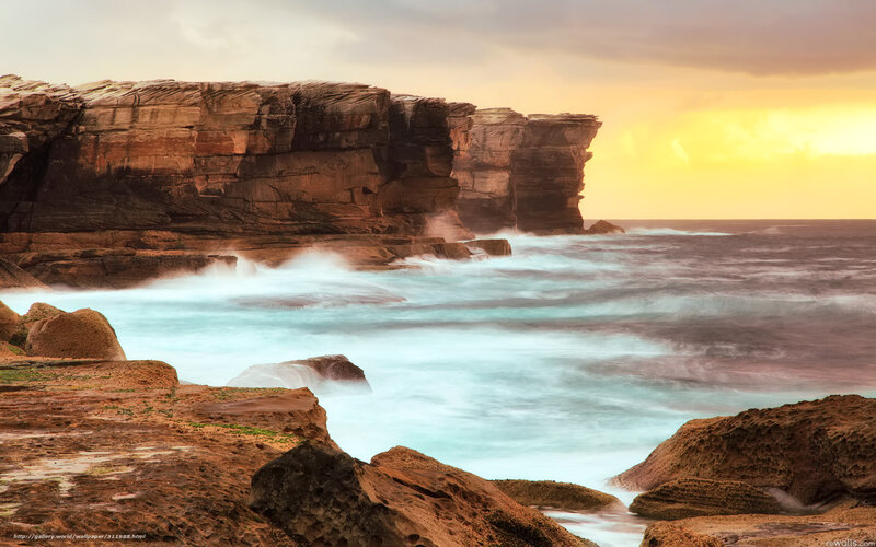 Cliffs at Sunset — Orange, Dramatic, Photograph, Ocean, Rocks
