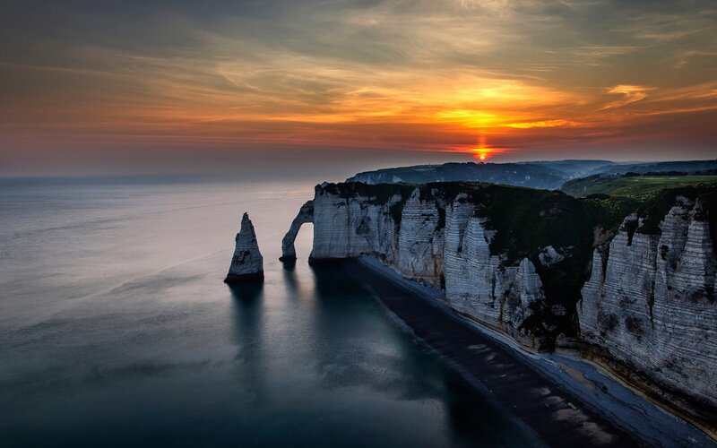 Cliffs at Sunset — Orange, Dramatic, Photograph, Sea