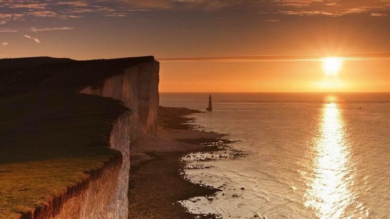 Cliffs at Sunset — Orange, Serene, Photograph, Lighthouse