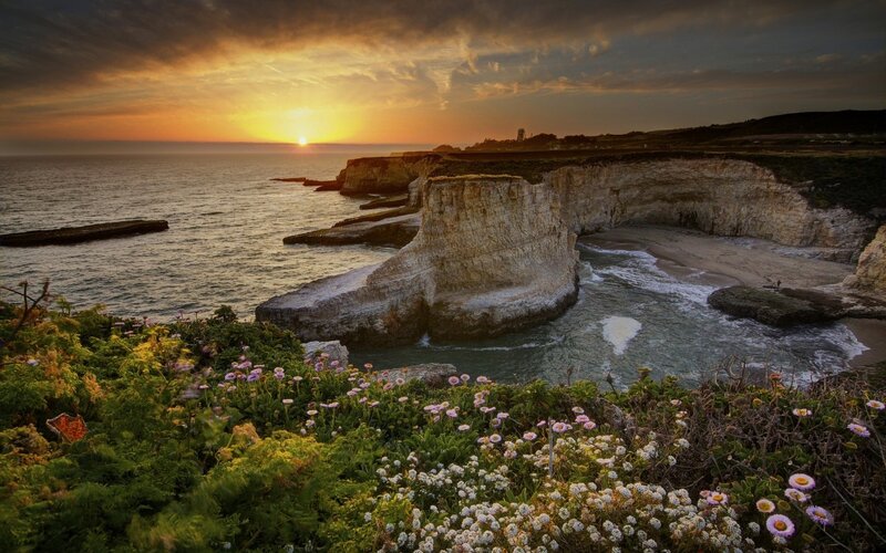 Cliffs at Sunset — Orange, Serene, Photograph, Ocean