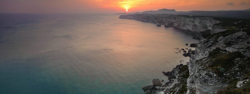 Cliffs at Sunset — Orange, Serene, Photograph, Sea, Sun