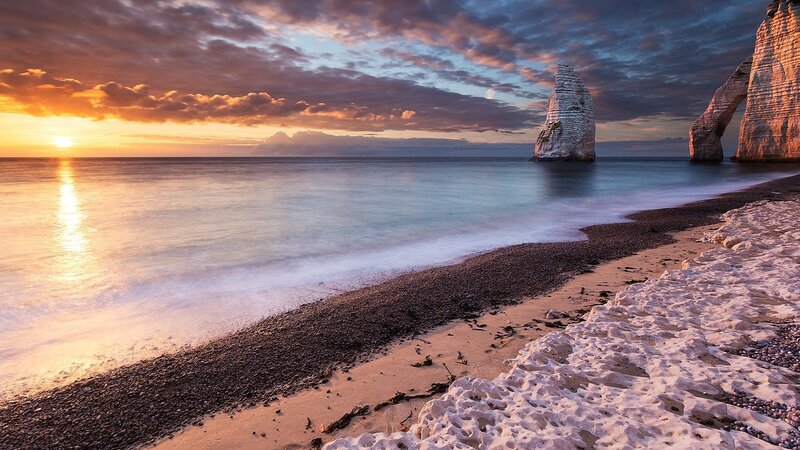 Cliffs at Sunset — Orange, Serene, Photograph, Sea