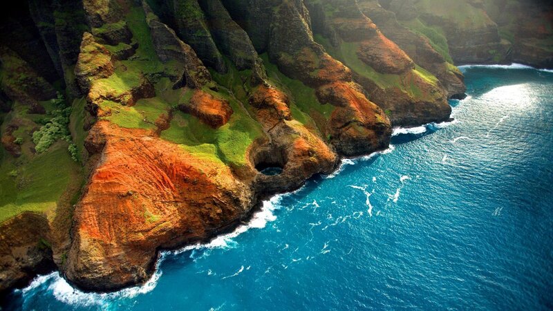 Cliffs by the Ocean — Blue, Dramatic, Afternoon, Photograph, Rocks, Greenery, Green, Brown