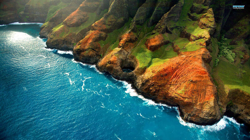 Cliffs by the Ocean — Blue, Dramatic, Afternoon, Photograph, Waves, Greenery