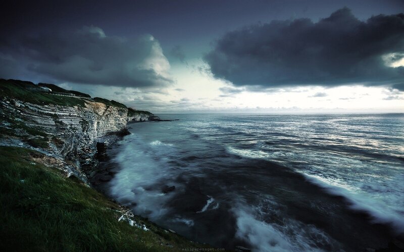 Cliffs by the Sea — Blue, Dramatic, Night, Photograph