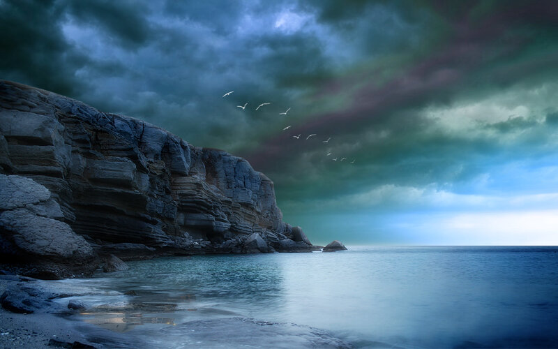 Cliffs by the Sea — Blue, Dramatic, Night