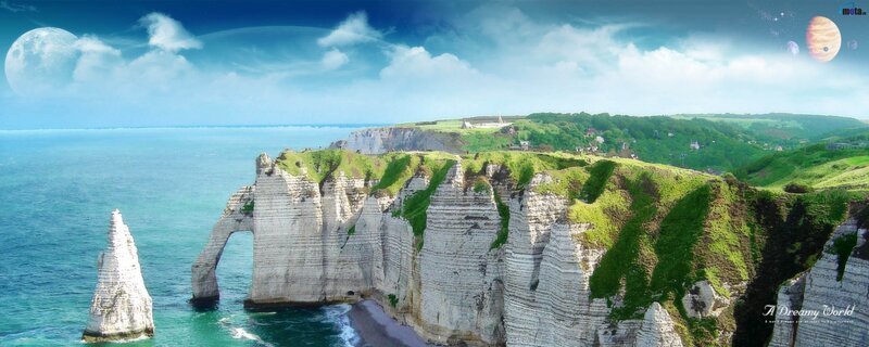 Cliffs of Étretat with celestial bodies