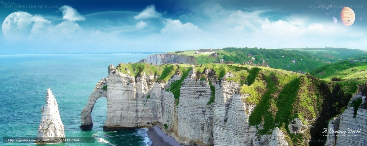 Cliffs of Étretat with celestial bodies