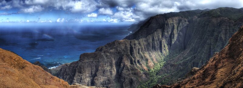 Cliffs Overlooking Ocean — Blue, Dramatic, Afternoon, Photograph, Clouds, Rainbow