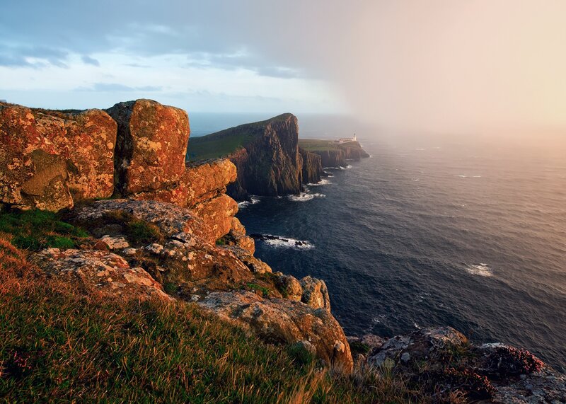 Cliffs Overlooking Ocean — Blue, Dramatic, Sunset, Photograph, Lighthouse