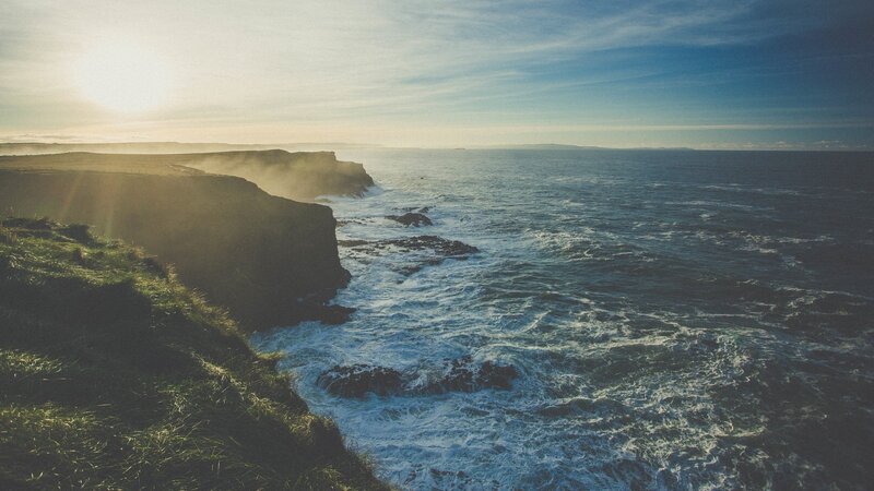 Cliffs Overlooking Ocean — Blue, Dramatic, Sunset, Photograph, Waves