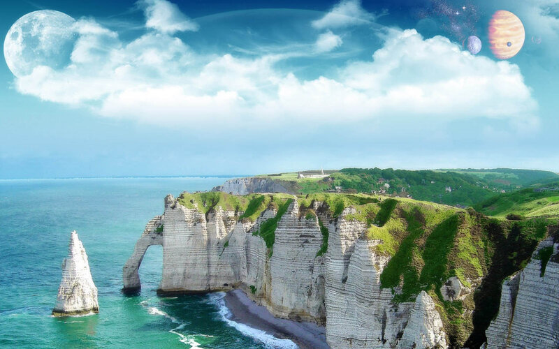 Cliffs with Sea Arch — Blue, Serene, Afternoon, Digital Art