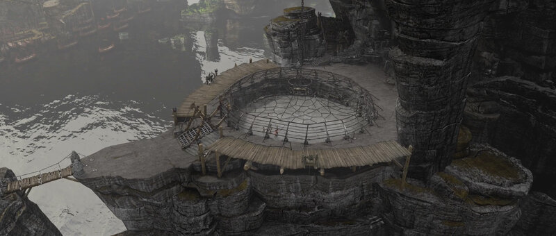 cliffside arena with wooden platforms