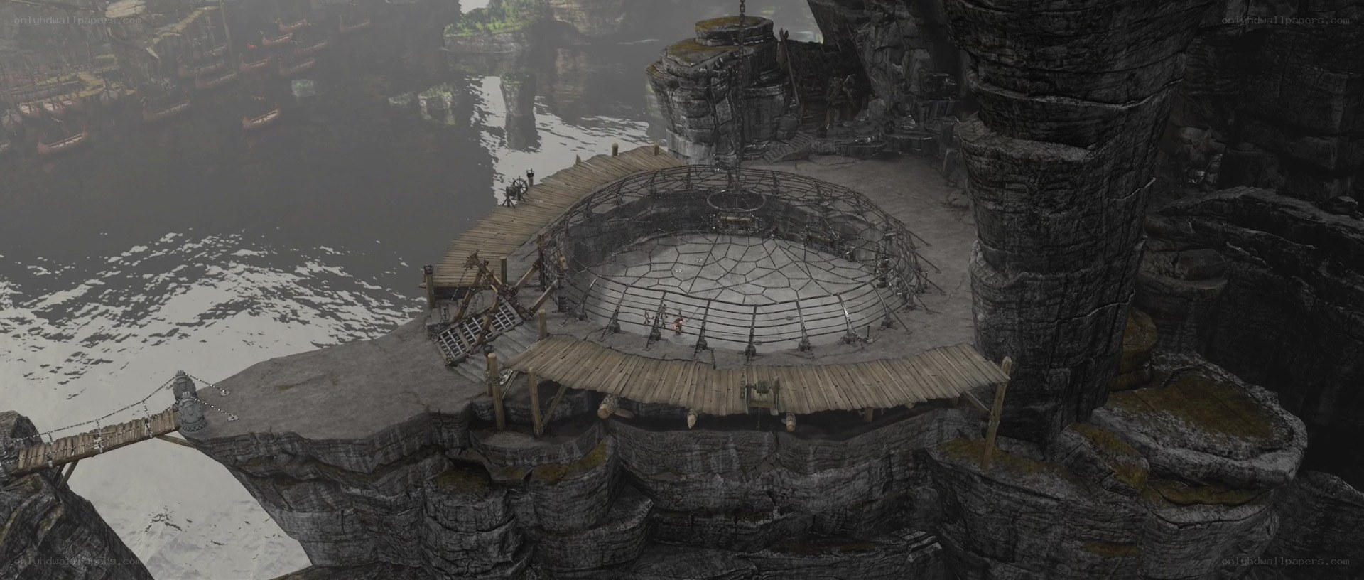 cliffside arena with wooden platforms