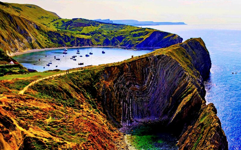 Cliffside Bay with Boats — Blue, Dramatic
