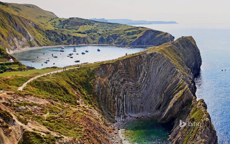 Cliffside Bay with Boats — Green, Serene