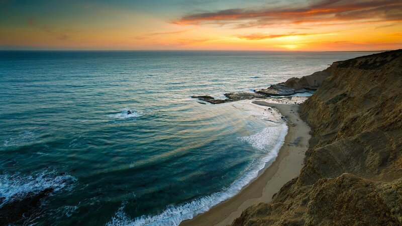 Cliffside Beach at Sunset — Blue, Serene, Photograph, Ocean, Sand