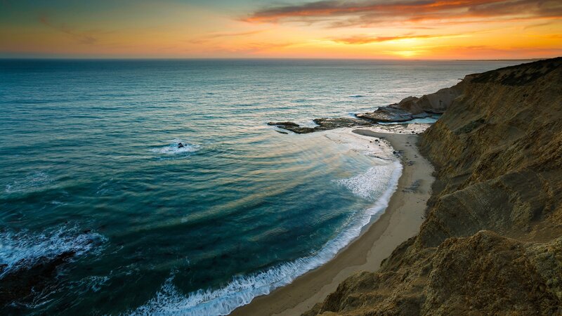 Cliffside Beach at Sunset — Blue, Serene, Photograph, Ocean