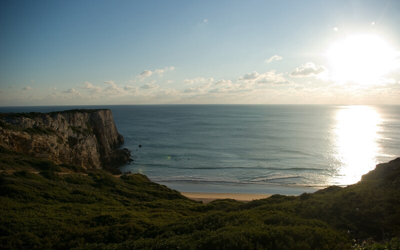 Cliffside Beach at Sunset — Blue, Serene, Photograph