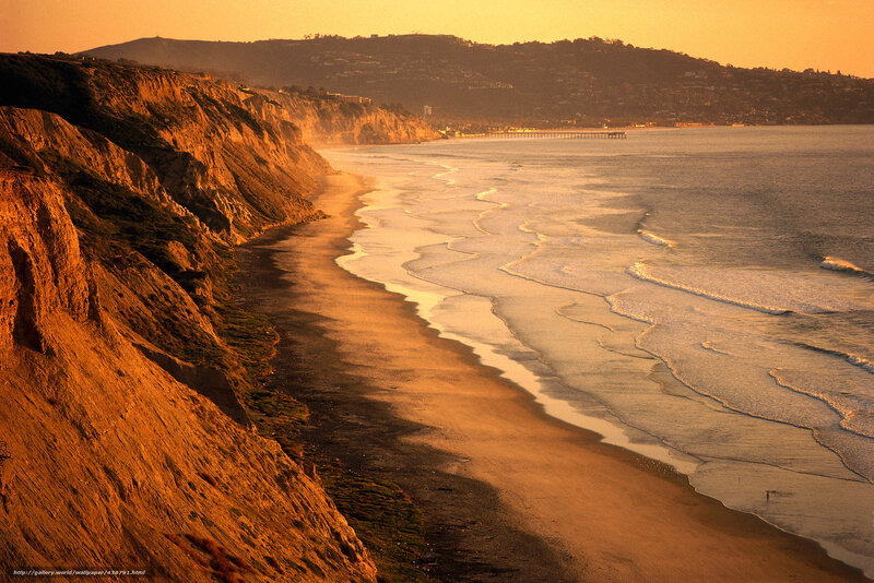 Cliffside Beach at Sunset — Orange, Serene, Photograph, Ocean, Waves